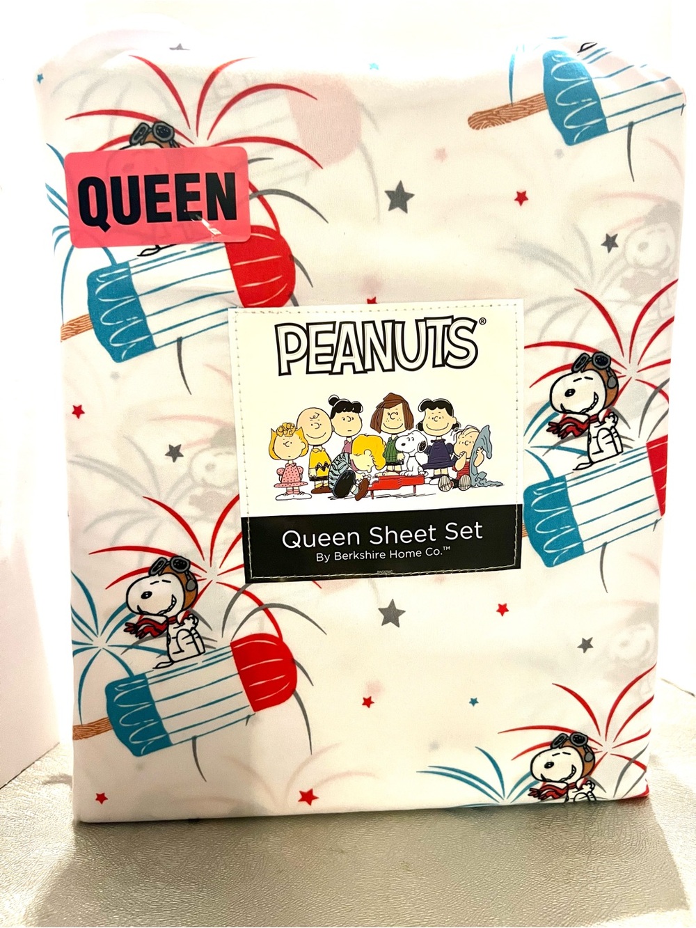 NEW SNOOPY PEANUTS Popsicle Firecracker Sheets Queen Size Set. White Red & Blue